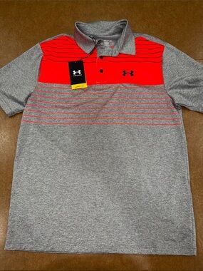NWT Under Armour Gray "The Playoff Polo" with Bright Red Stripe Chest Panel • M
